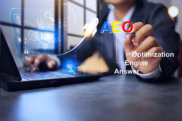 answer engine optimization AEO concept with businessman writing on virtual screen to strategy for optimizing answer user queries definitive ai answer in artificial intelligence search result