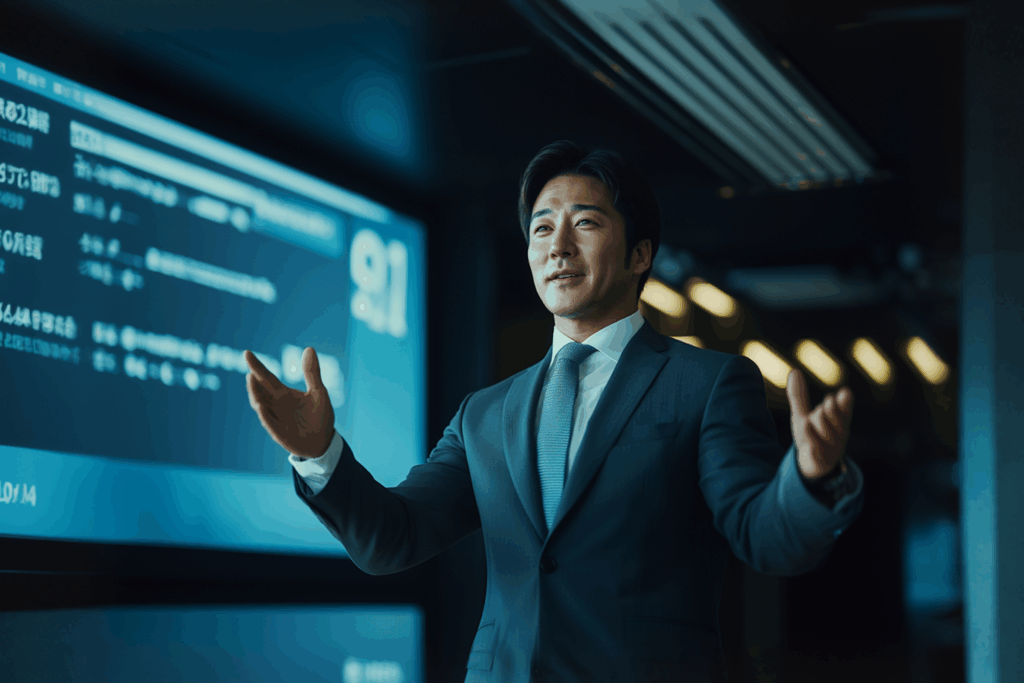 Business Man pitching a medtech investor audience